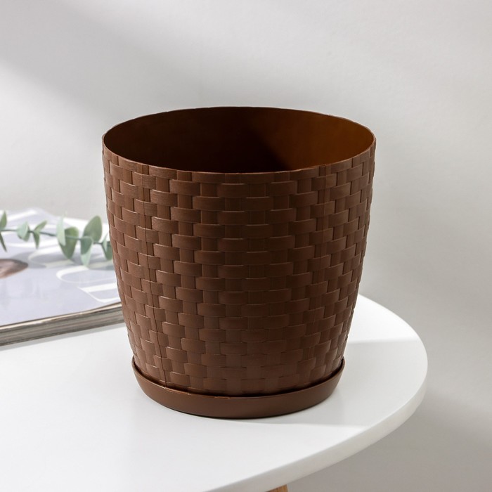 Горшок для цветов с поддоном «Ротанг», 2 л, d=15 см, h=15 см, пластиковый, коричневый