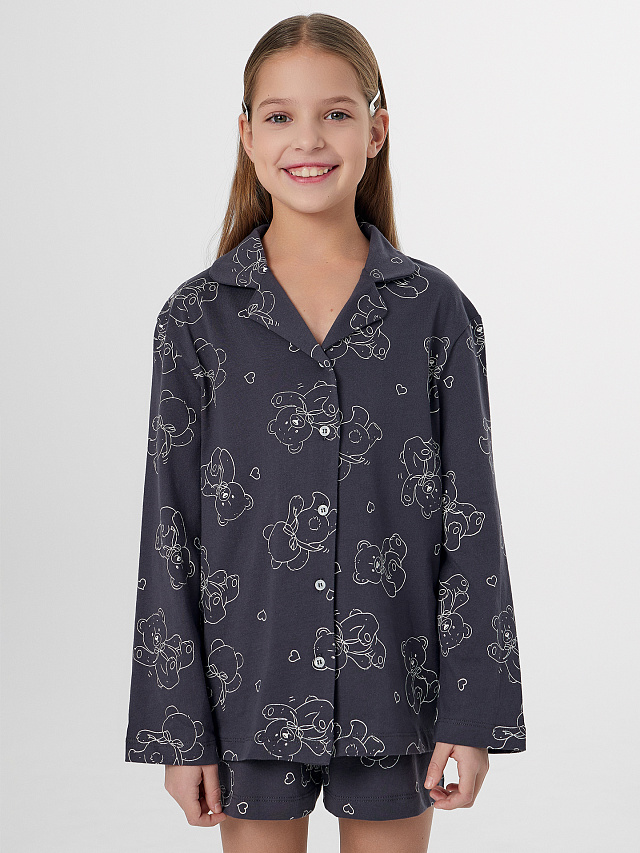 Комплект домашний для девочек серый с принтом
