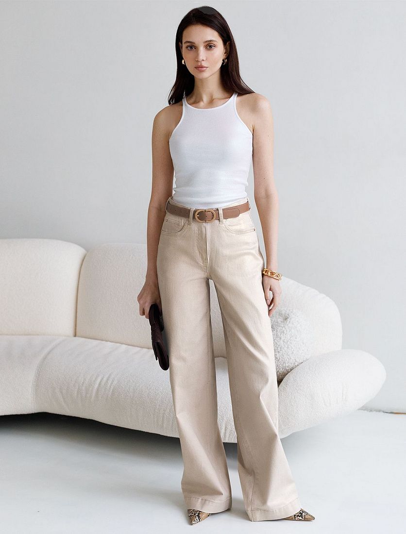 Топ с закрытым декольте из хлопка с эластаном в рубчик с матовым покрытием металлик