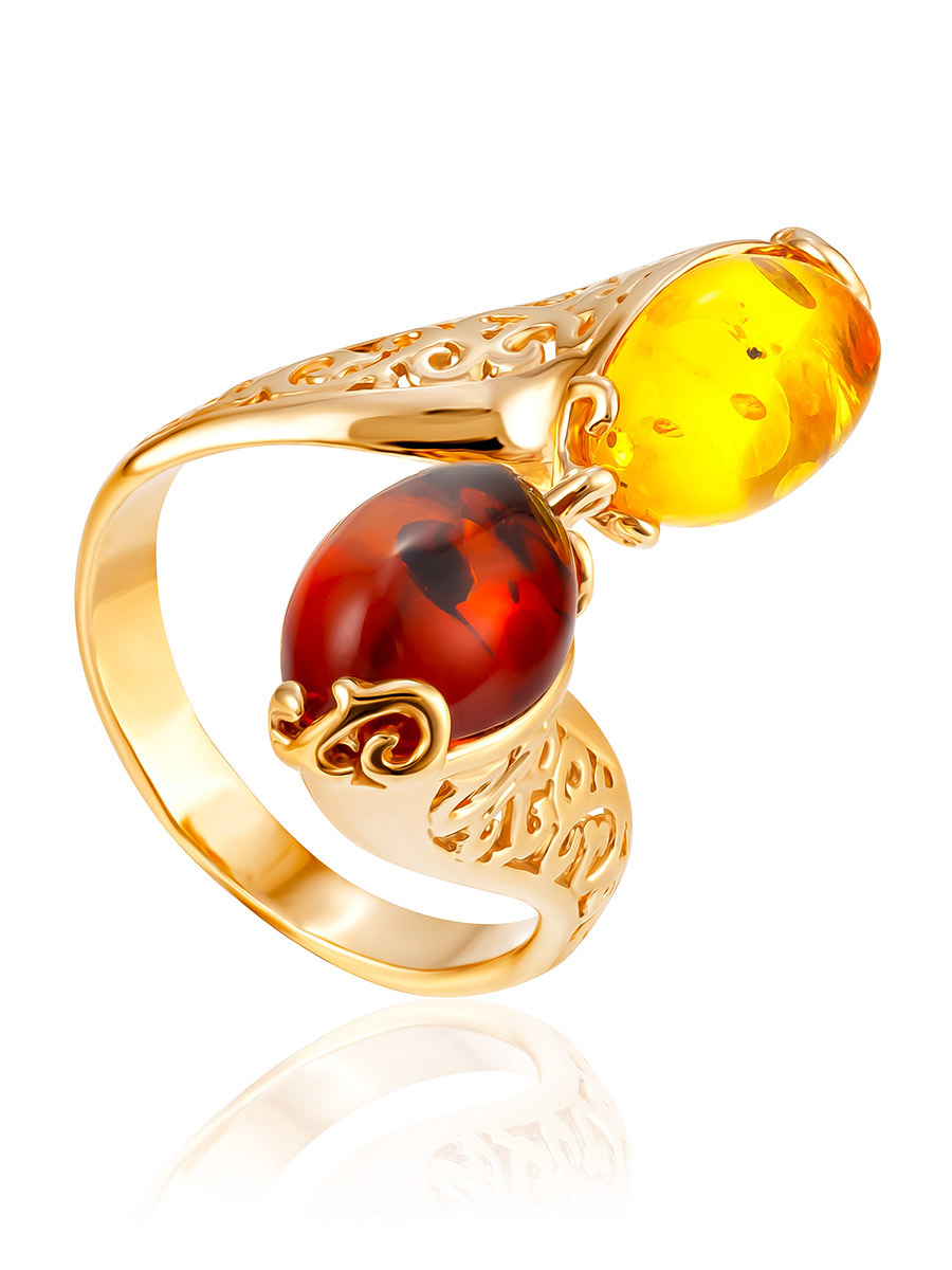 Ажурное кольцо «Касабланка» с натуральным янтарём двух оттенков