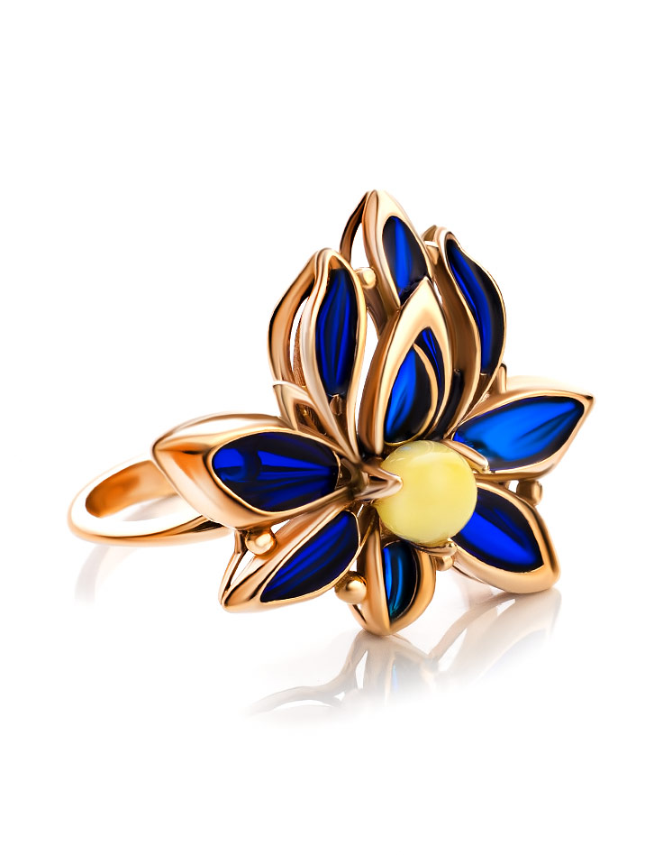 Великолепное позолоченное кольцо с натуральным янтарём и эмалью Verona