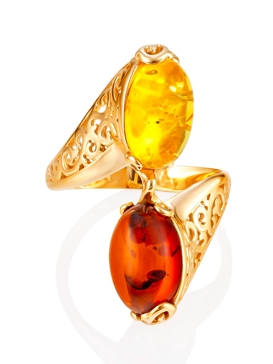 Ажурное кольцо «Касабланка» с натуральным янтарём двух оттенков