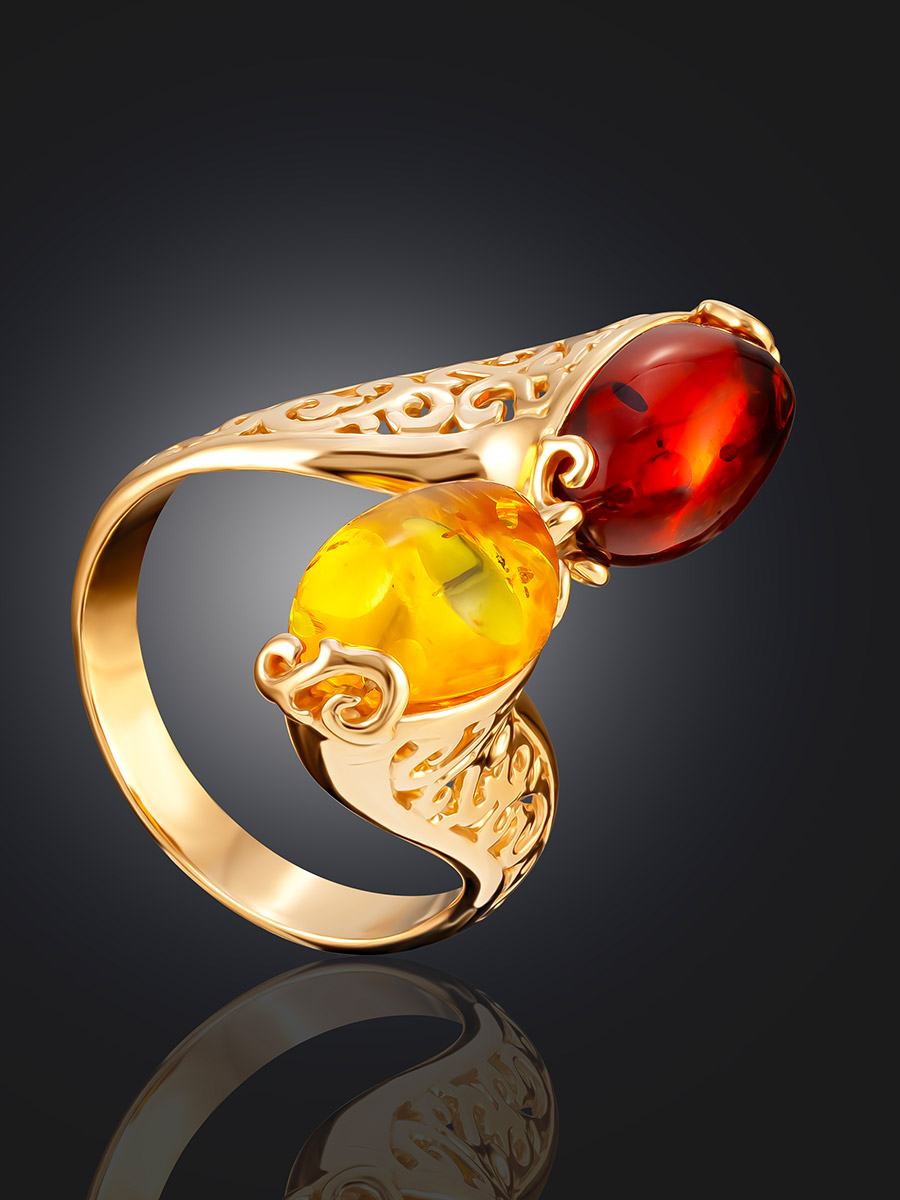 Ажурное кольцо «Касабланка» с натуральным янтарём двух оттенков