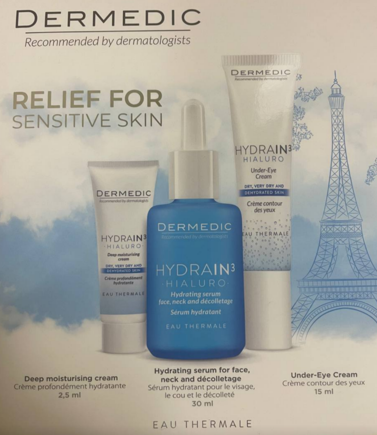 СНИЖЕНИЕ ЦЕНЫ. СРОК ДО МАРТА Dermedic Hydrain3 (Дермедик) набор: сыворотка 30 мл + крем для контура глаз 15 мл + глубоко увлажняющий дневной крем SPF 15, 2,5 мл