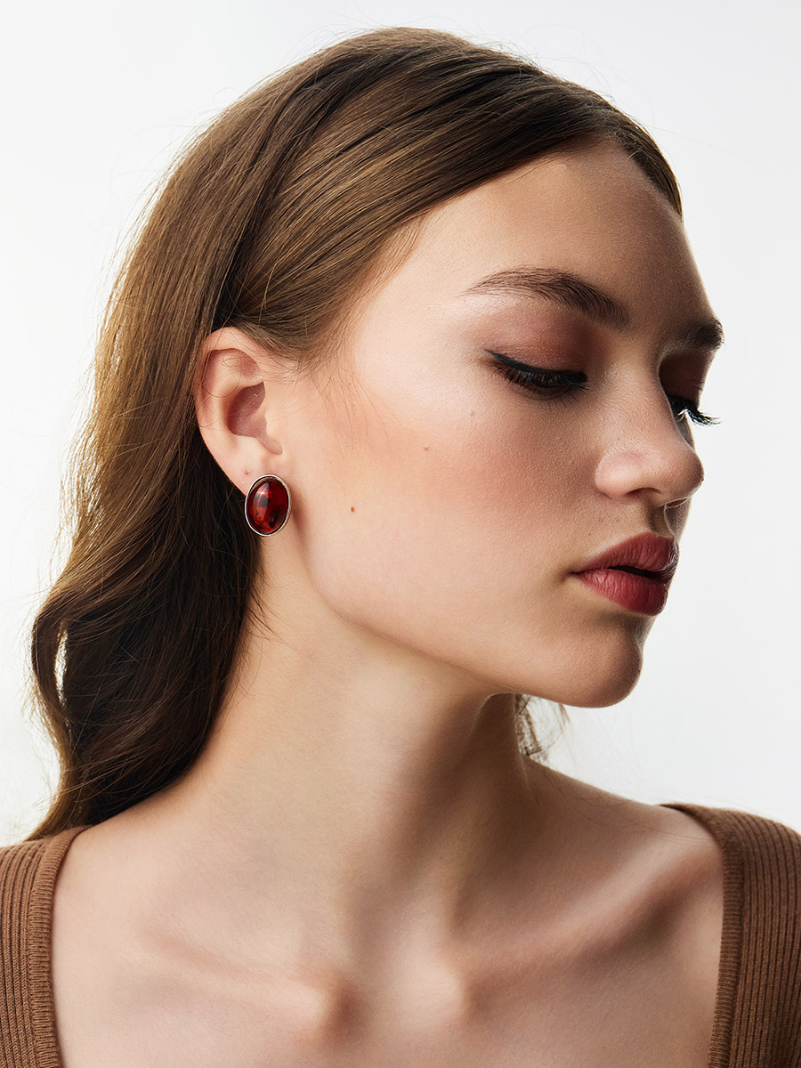 Крупные овальные серьги с натуральным коньячным янтарём «Годжи крупные»