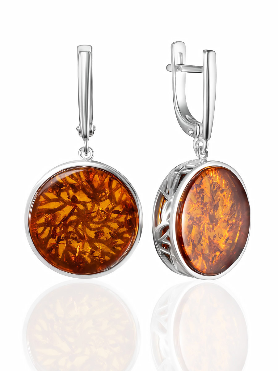 Подвесные серьги с натуральным янтарём коньячного цвета «Бельтайн»