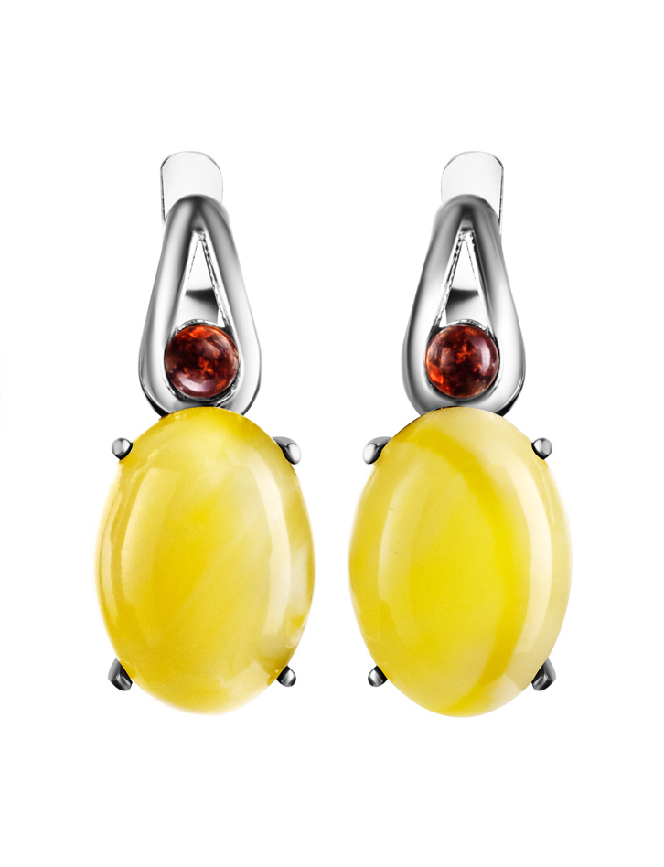 Серьги с натуральным медовым янтарем и вишневыми вставками «Стамбул»