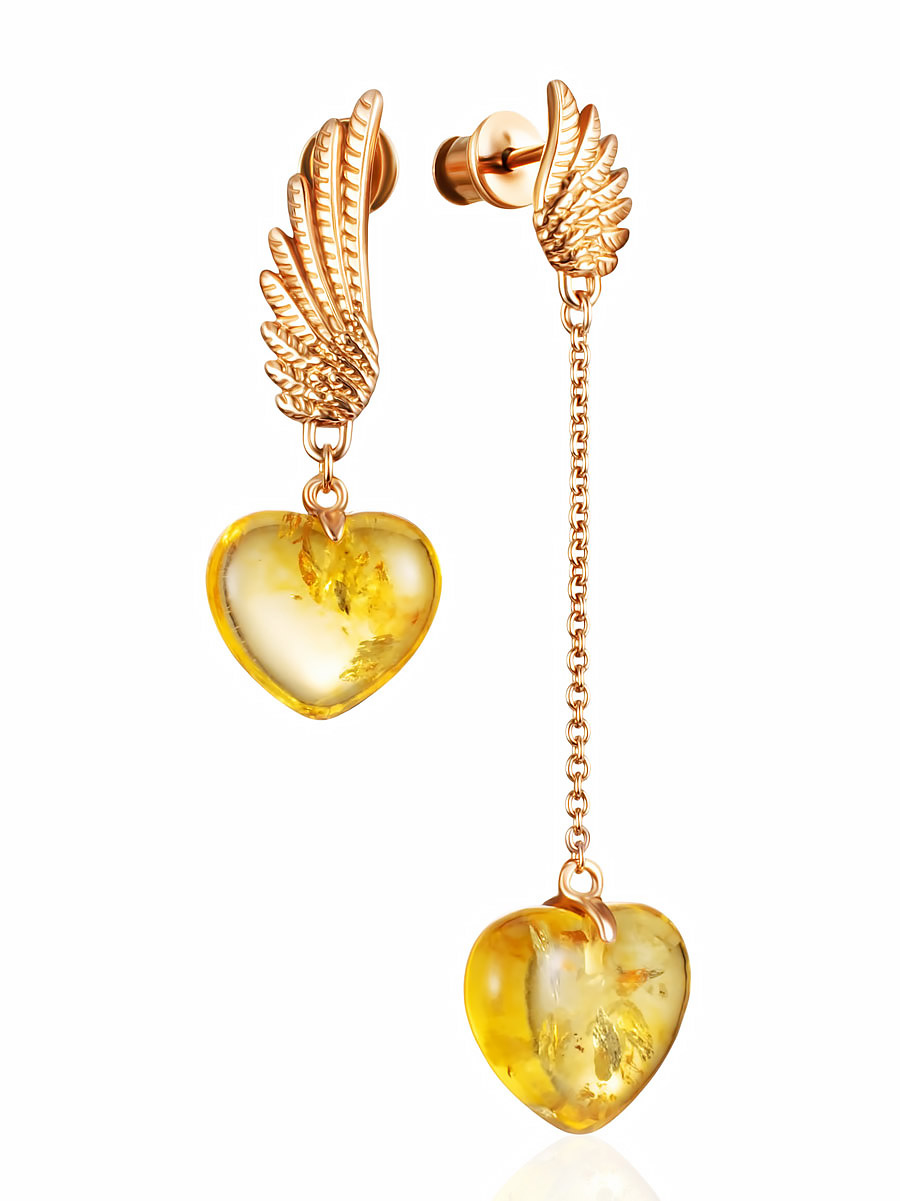 Асимметричные серьги с янтарём лимонного цвета «Сердце»