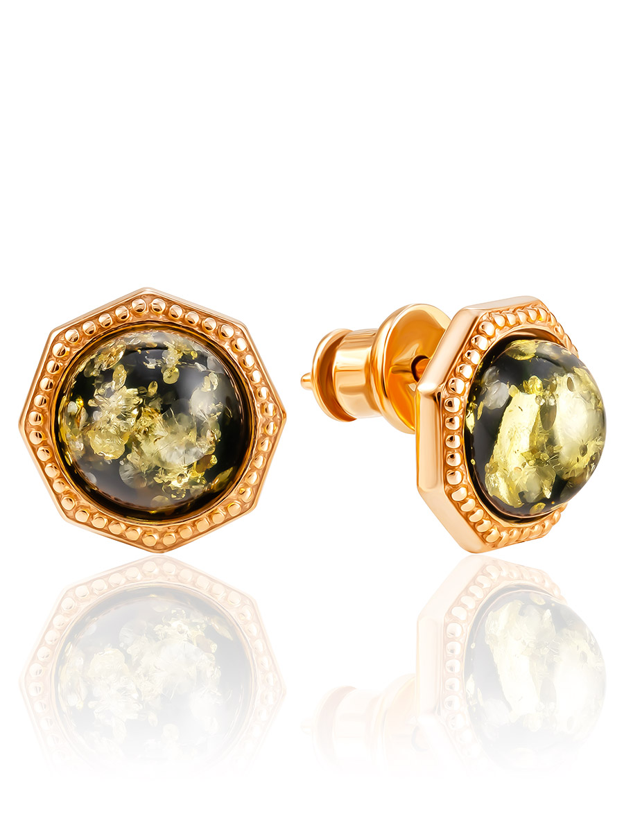 Серьги-гвоздики с тёмно-зелёным янтарём «Шахерезада»