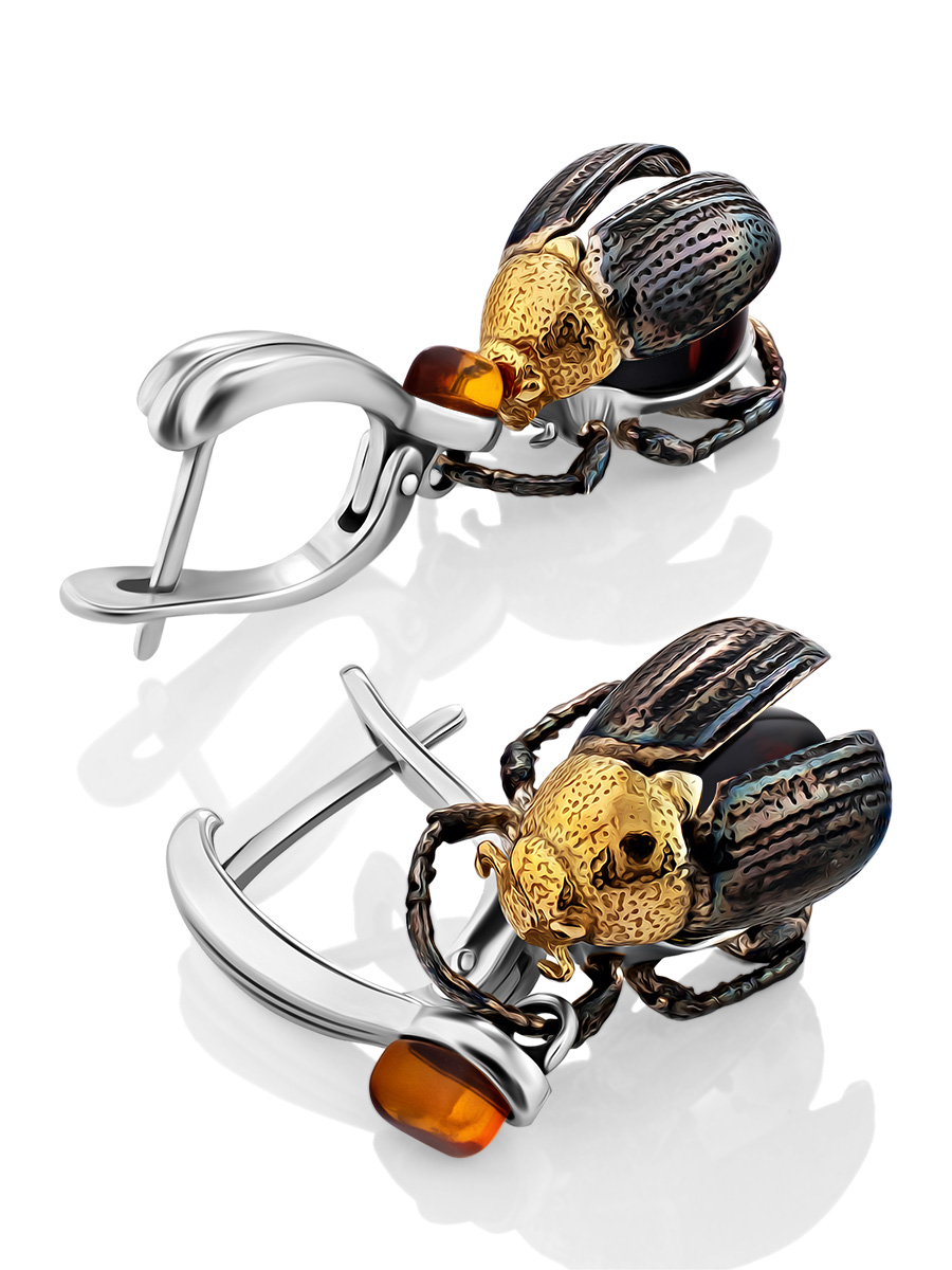 Эффектные серьги с натуральным вишнёвым янтарём «Скарабей»