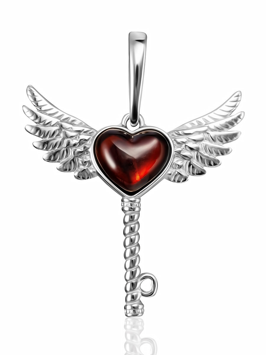 Кулон в романтическом дизайне «Ключ от сердца» с вишнёвым янтарём