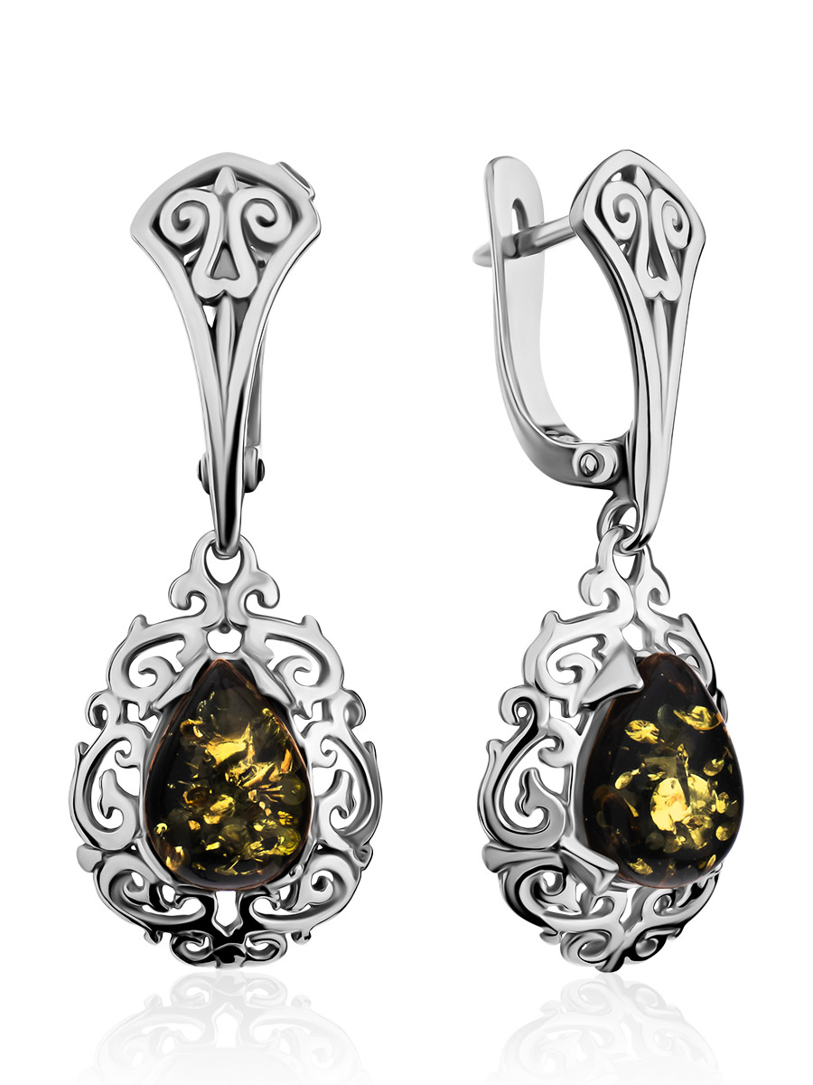 Ажурные серьги с натуральным балтийским зелёным янтарём «Луксор»