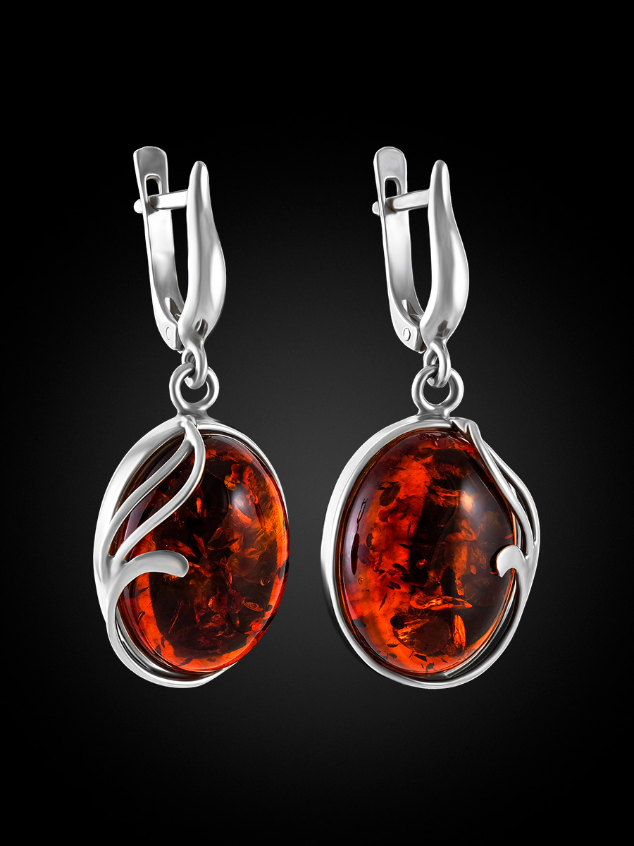 Небольшие серьги с натуральным искрящимся янтарем коньячного цвета «Маньяна»