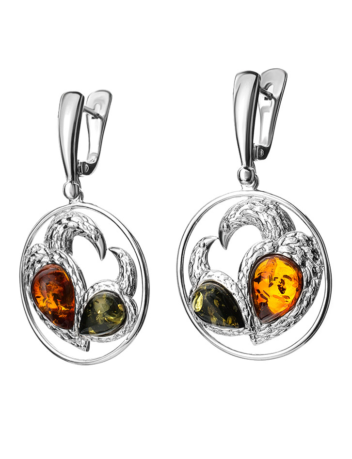 Серьги круглой формы из коньячного и зелёного янтаря «Лирика»