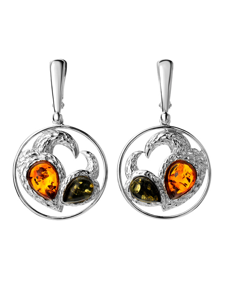 Серьги круглой формы из коньячного и зелёного янтаря «Лирика»