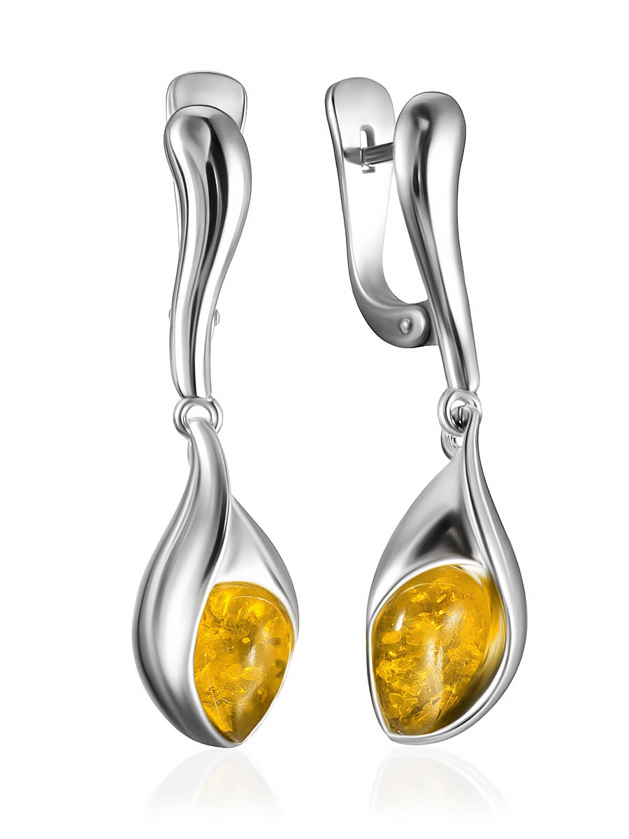 Изящные удлинённые серьги из натурального лимонного янтаря «Пион»