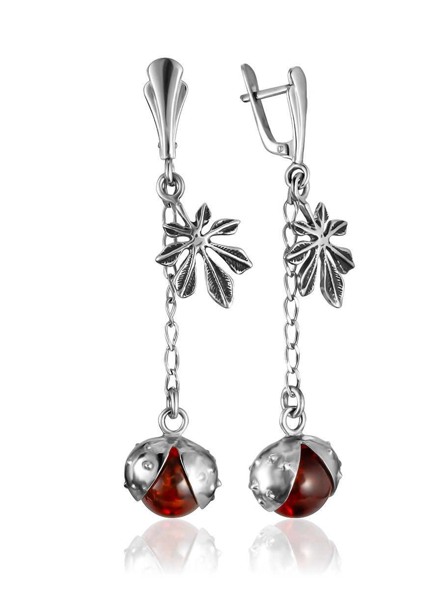 Чудесные серьги «Божья коровка» с янтарными подвесками на цепочках