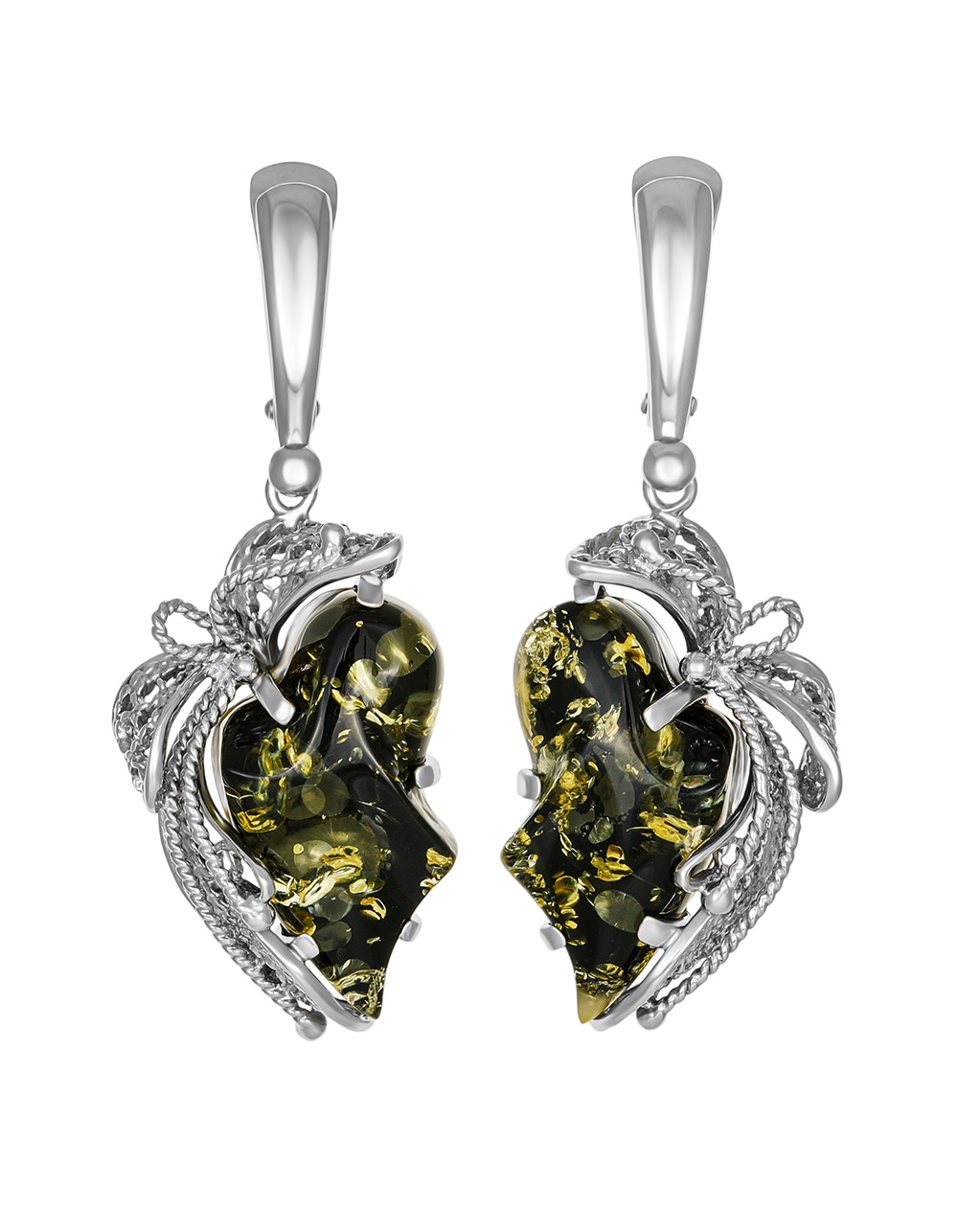 Нарядные серьги с крупными вставками зеленого искрящегося янтаря «Филигрань»