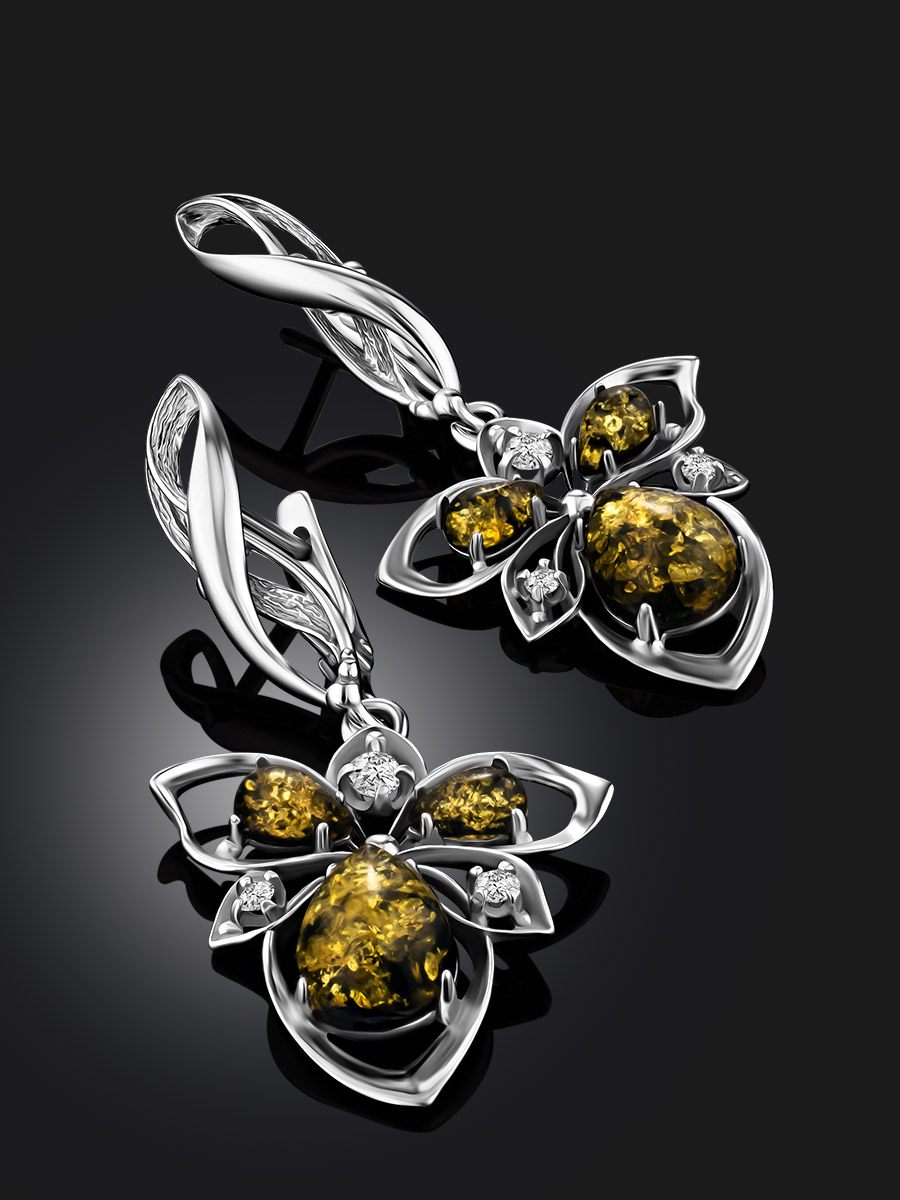 Роскошные серьги с натуральным балтийским янтарём и кристаллами «Эдельвейс»