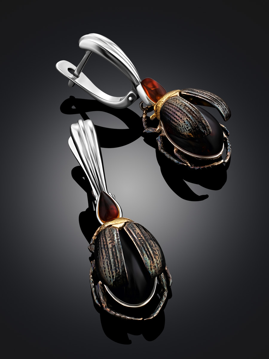 Эффектные серьги с натуральным вишнёвым янтарём «Скарабей»
