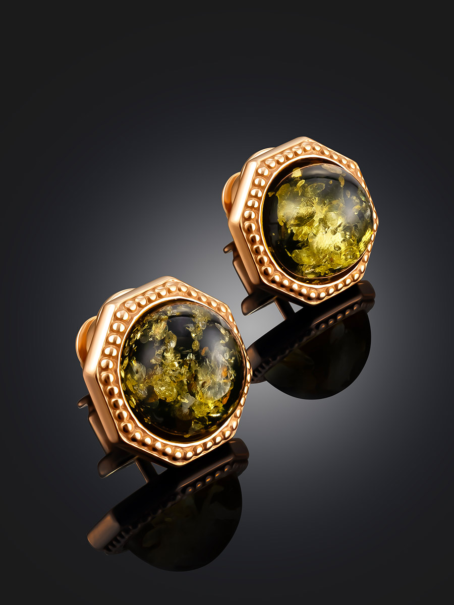 Серьги-гвоздики с тёмно-зелёным янтарём «Шахерезада»