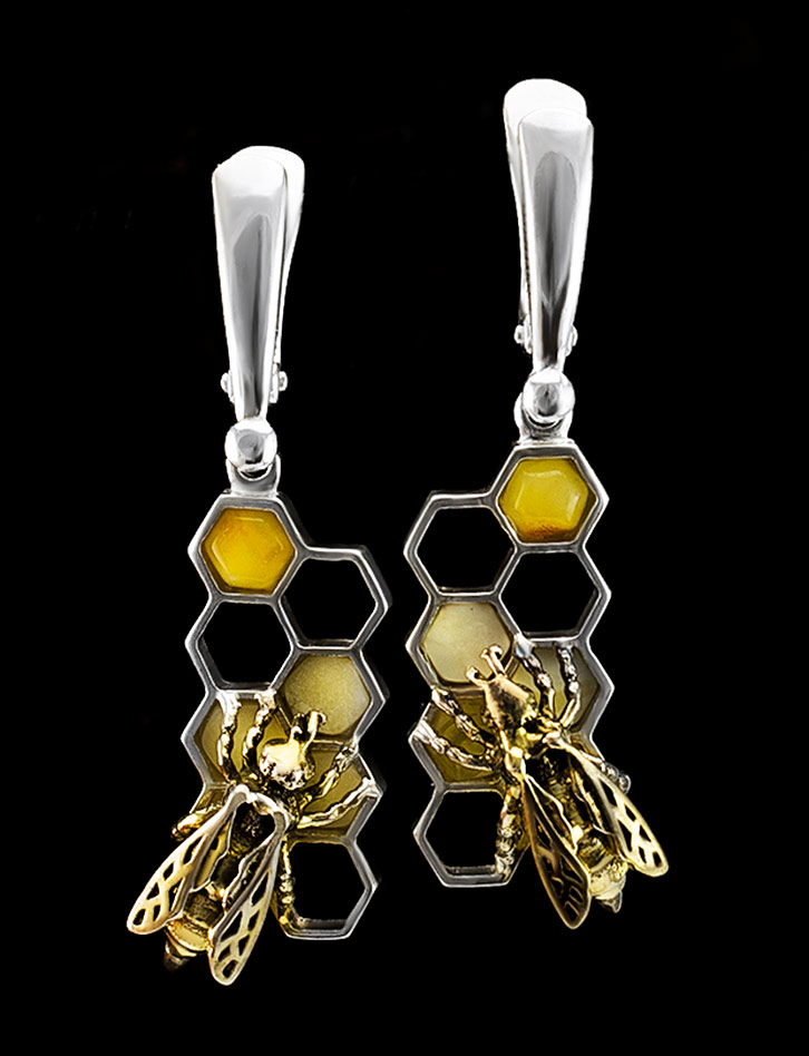 Эксклюзивные серьги из натурального медового янтаря «Винни Пух»