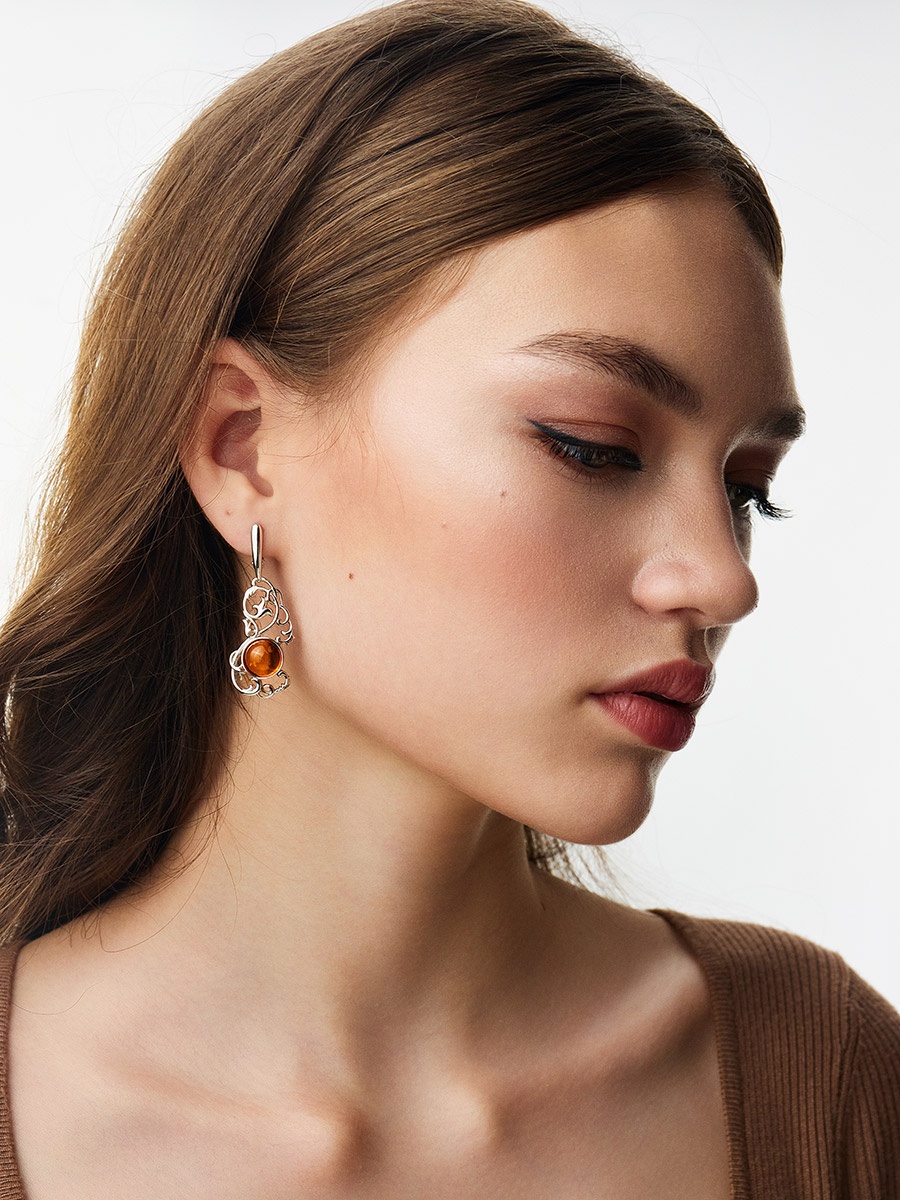 Роскошные ажурные серьги с коньячным янтарём «Кордова»
