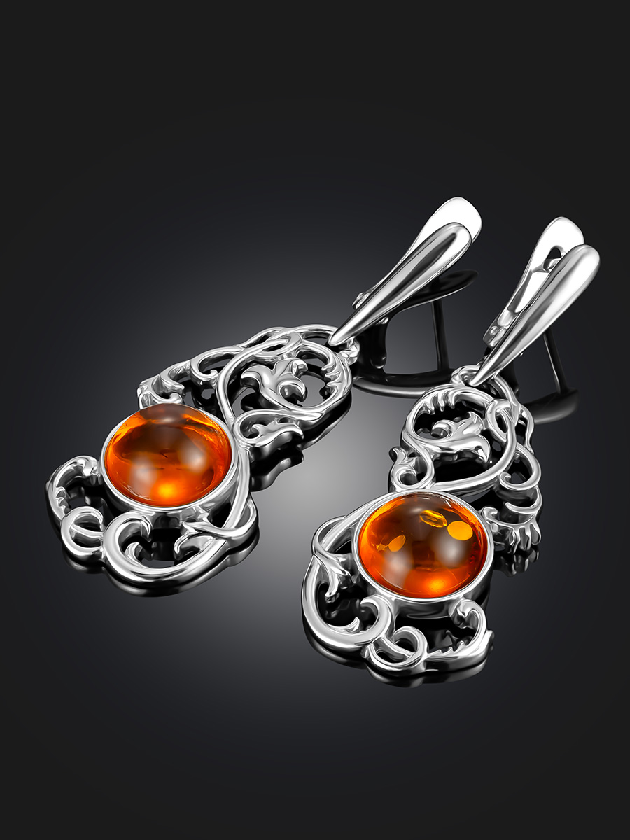 Роскошные ажурные серьги с коньячным янтарём «Кордова»