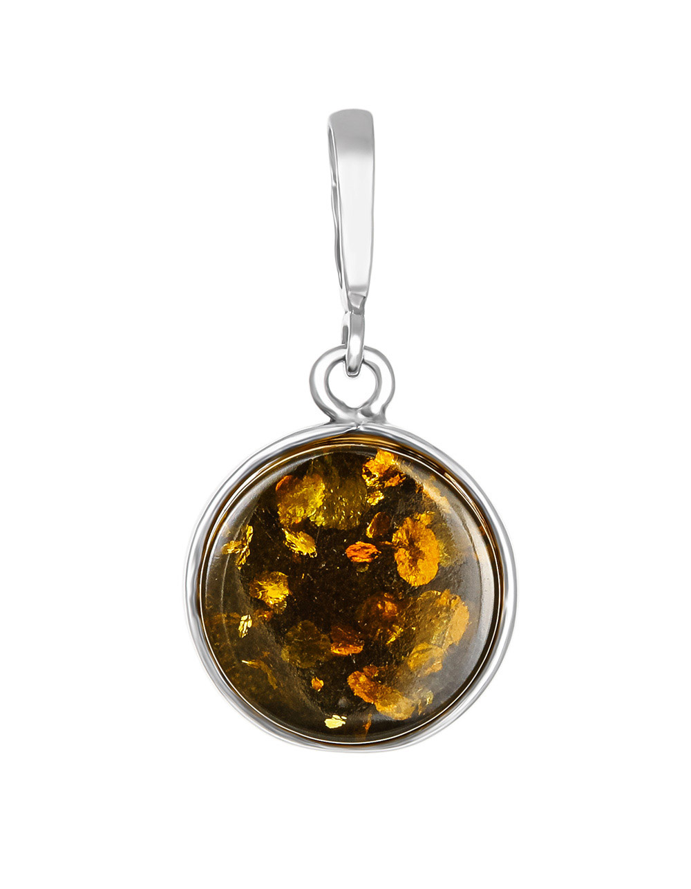 Круглый кулон «Фурор» с тёмно-зелёным янтарём