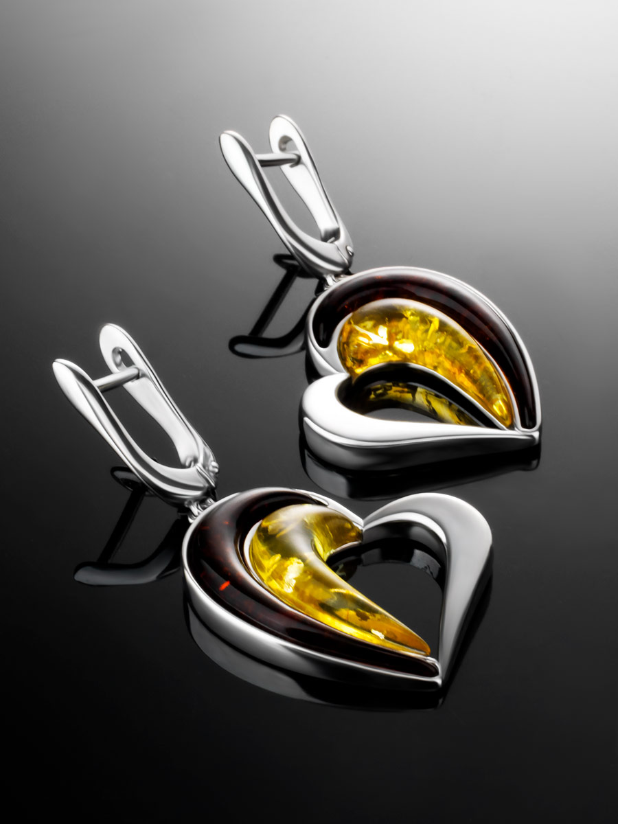 Эффектные серьги с натуральным янтарём коньячного и лимонного цветов «Санрайз»