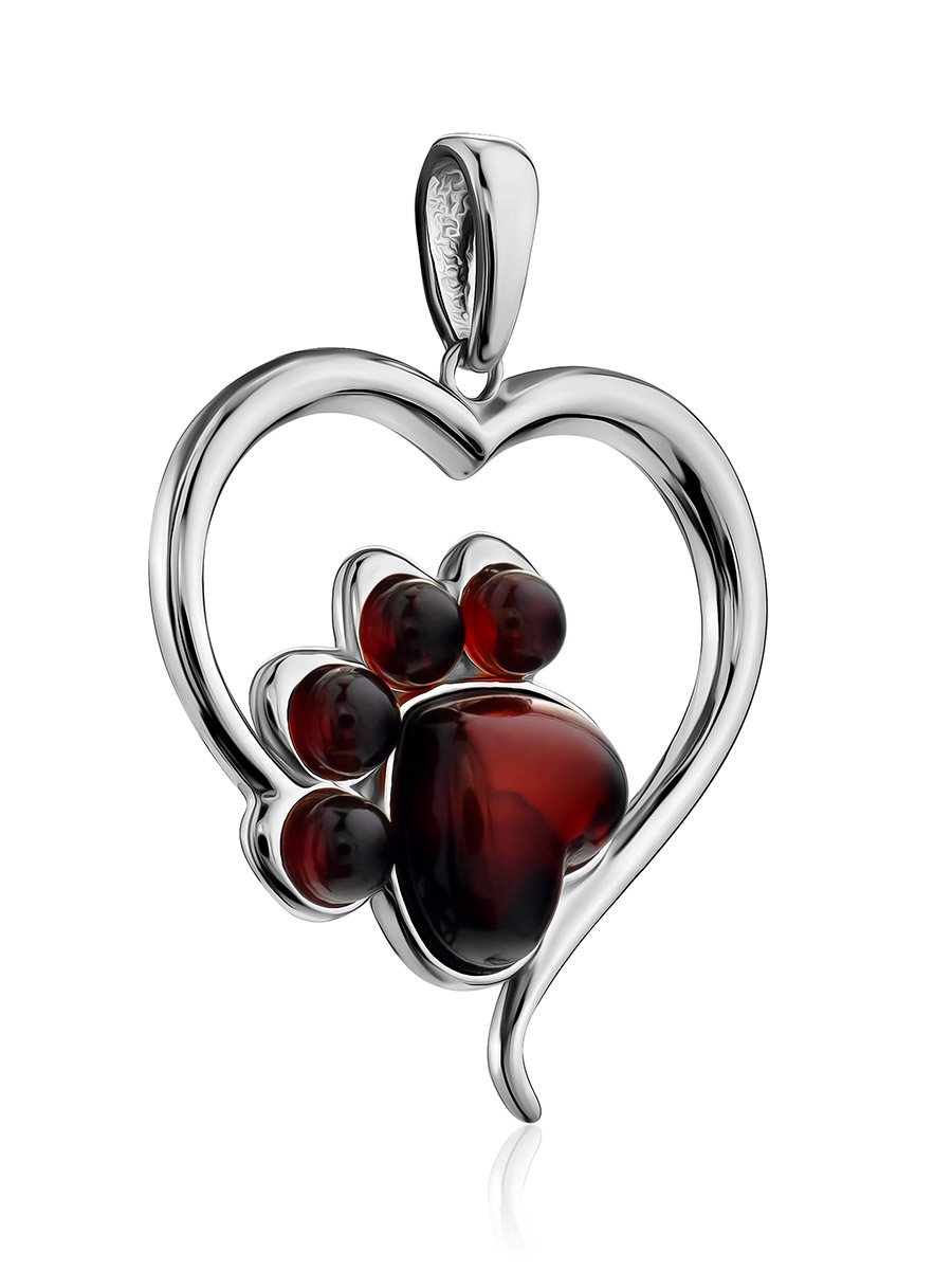 Нежная подвеска-сердце с вишнёвым янтарём «Лапки»