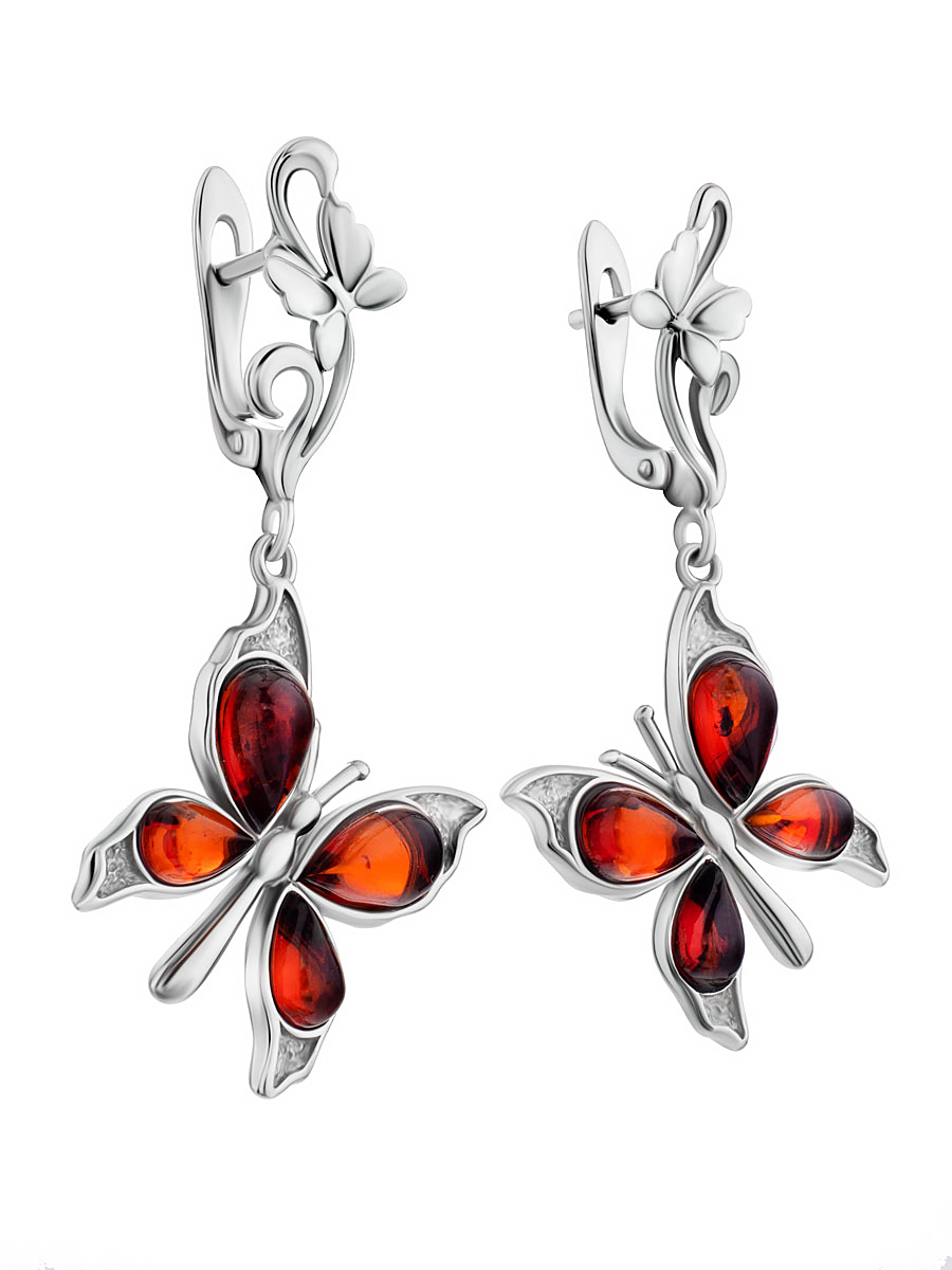 Нарядные серьги со вставками из натурального балтийского янтаря вишнёвого цвета «Апрель»