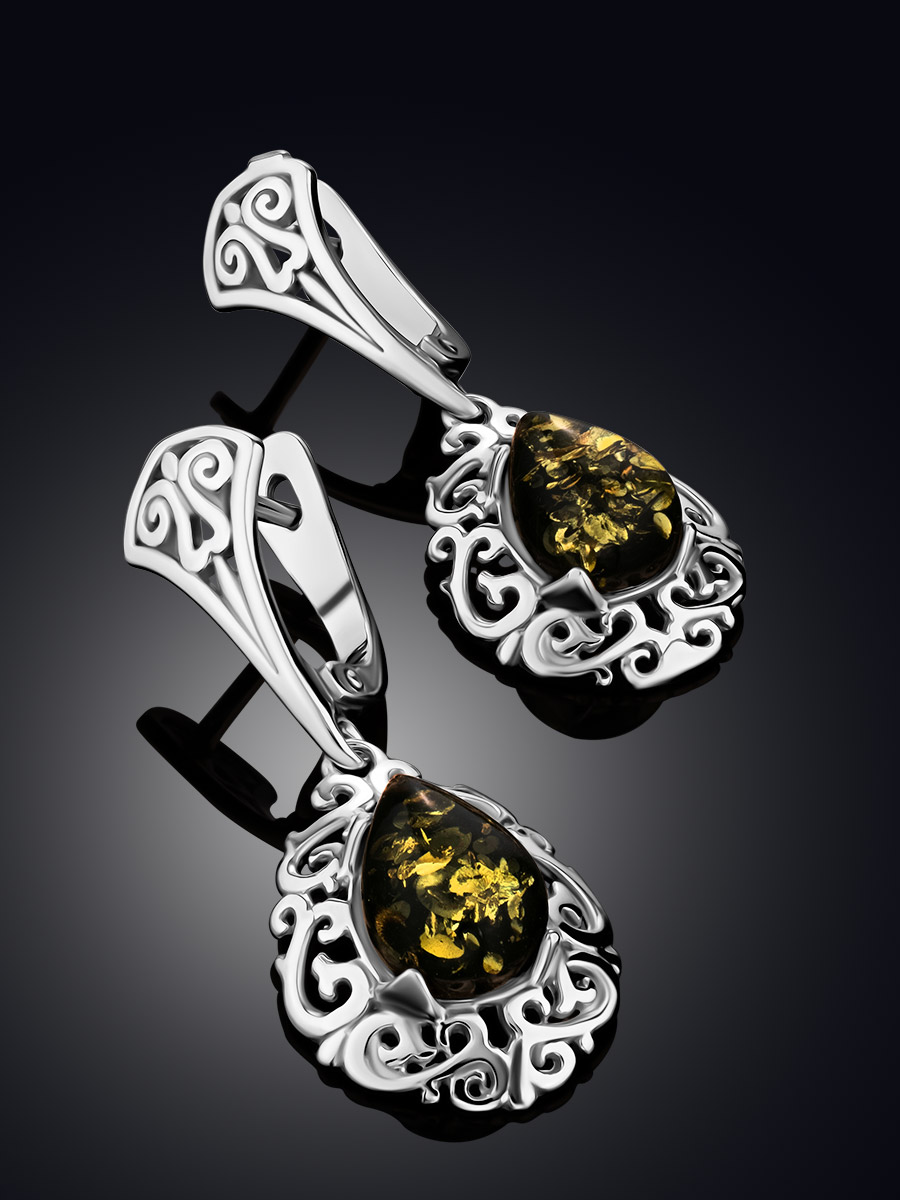 Ажурные серьги с натуральным балтийским зелёным янтарём «Луксор»