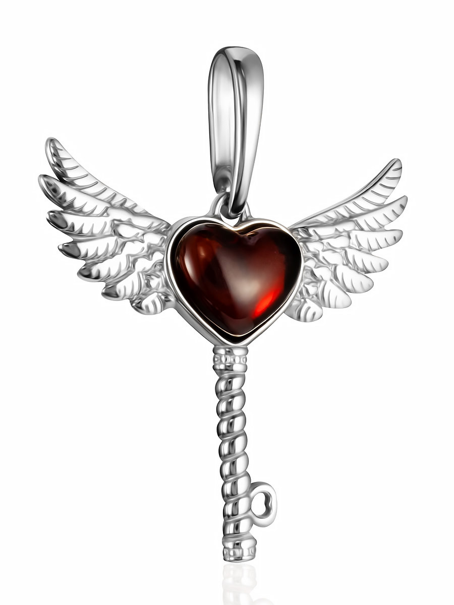 Кулон в романтическом дизайне «Ключ от сердца» с вишнёвым янтарём