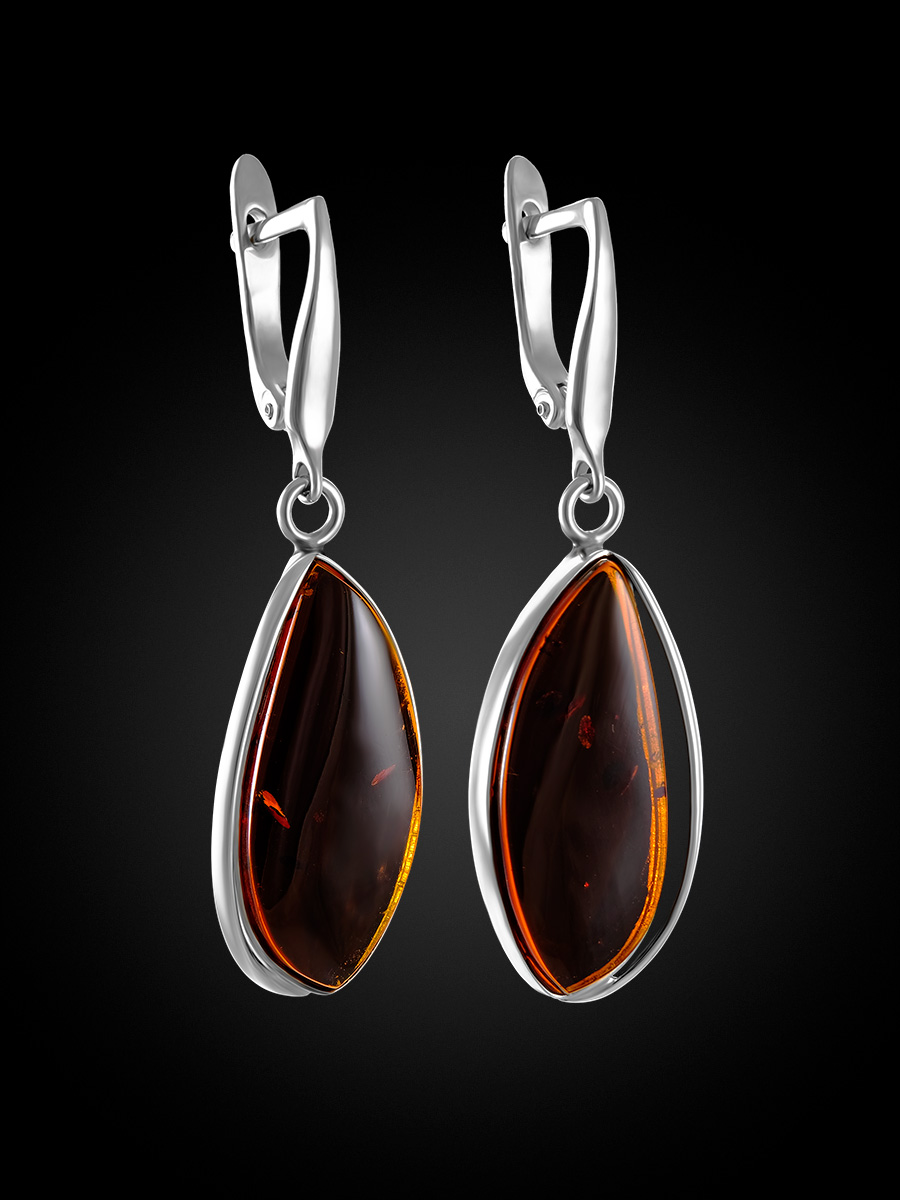 Изящные серьги с натуральным янтарём коньячного цвета «Лагуна»