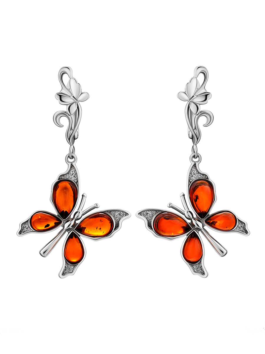 Нарядные серьги со вставками из натурального балтийского янтаря вишнёвого цвета «Апрель»