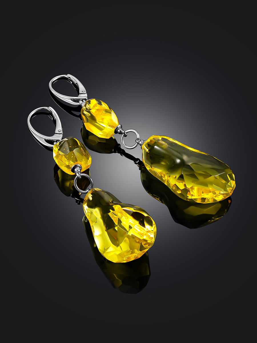 Роскошные крупные серьги из янтаря ручной огранки