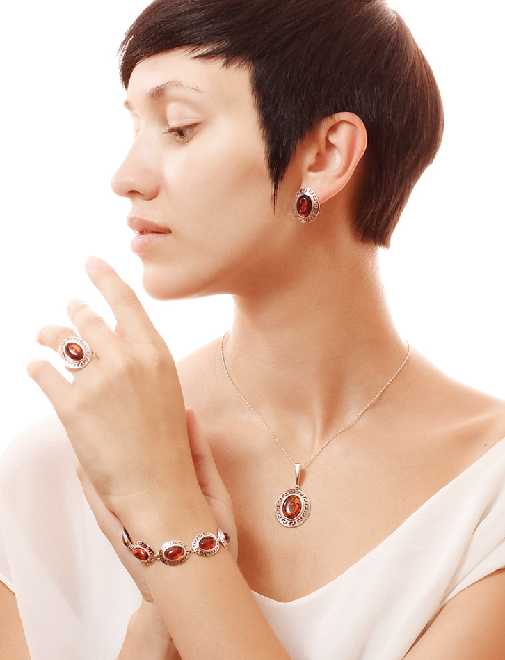 Овальные серьги с яркими янтарными вставками «Эллада»