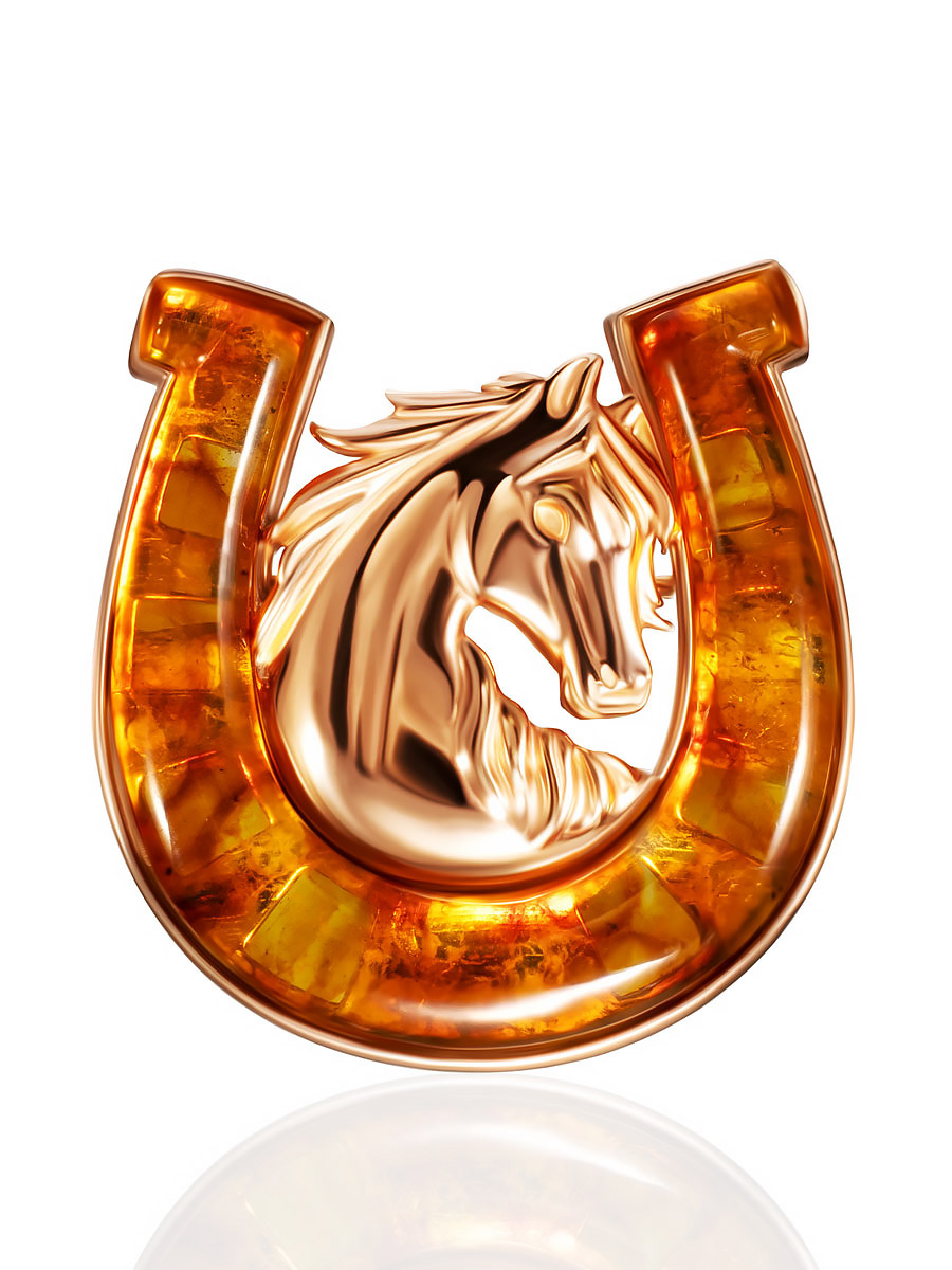 Яркая позолоченная брошь с натуральным янтарём «Подкова»