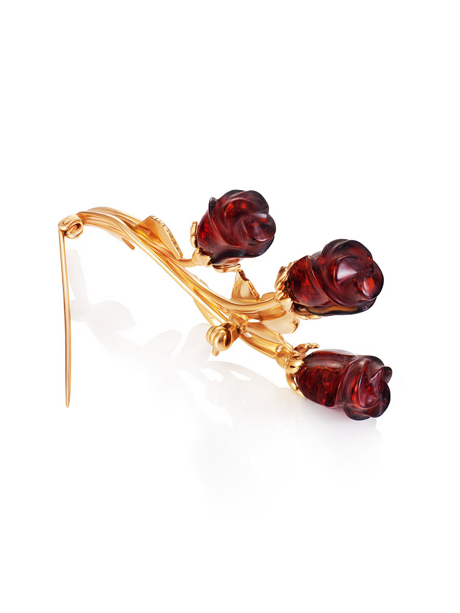 Изящная позолоченная брошь «Роза» с вишнёвым янтарём