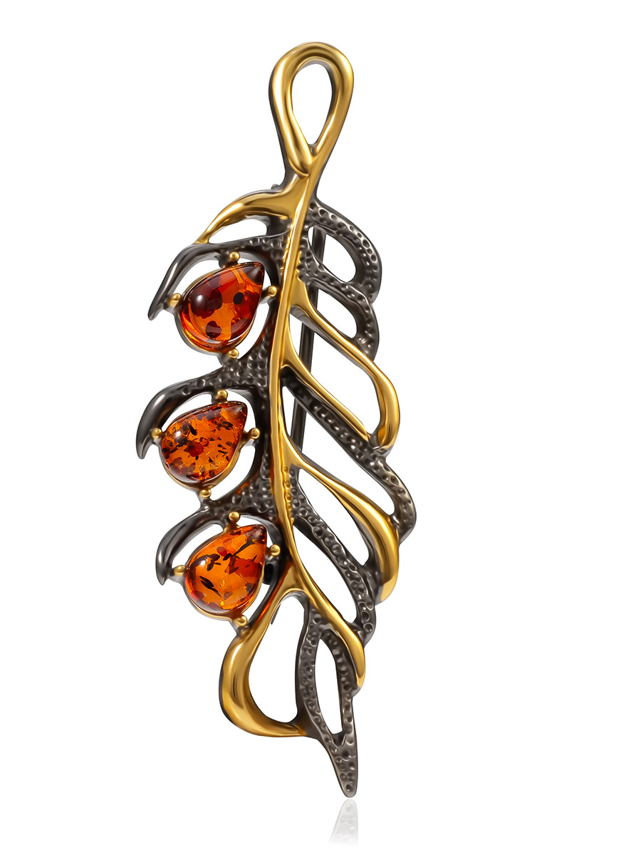 Изящная ажурная брошь с чернением и золочением «Перышко»