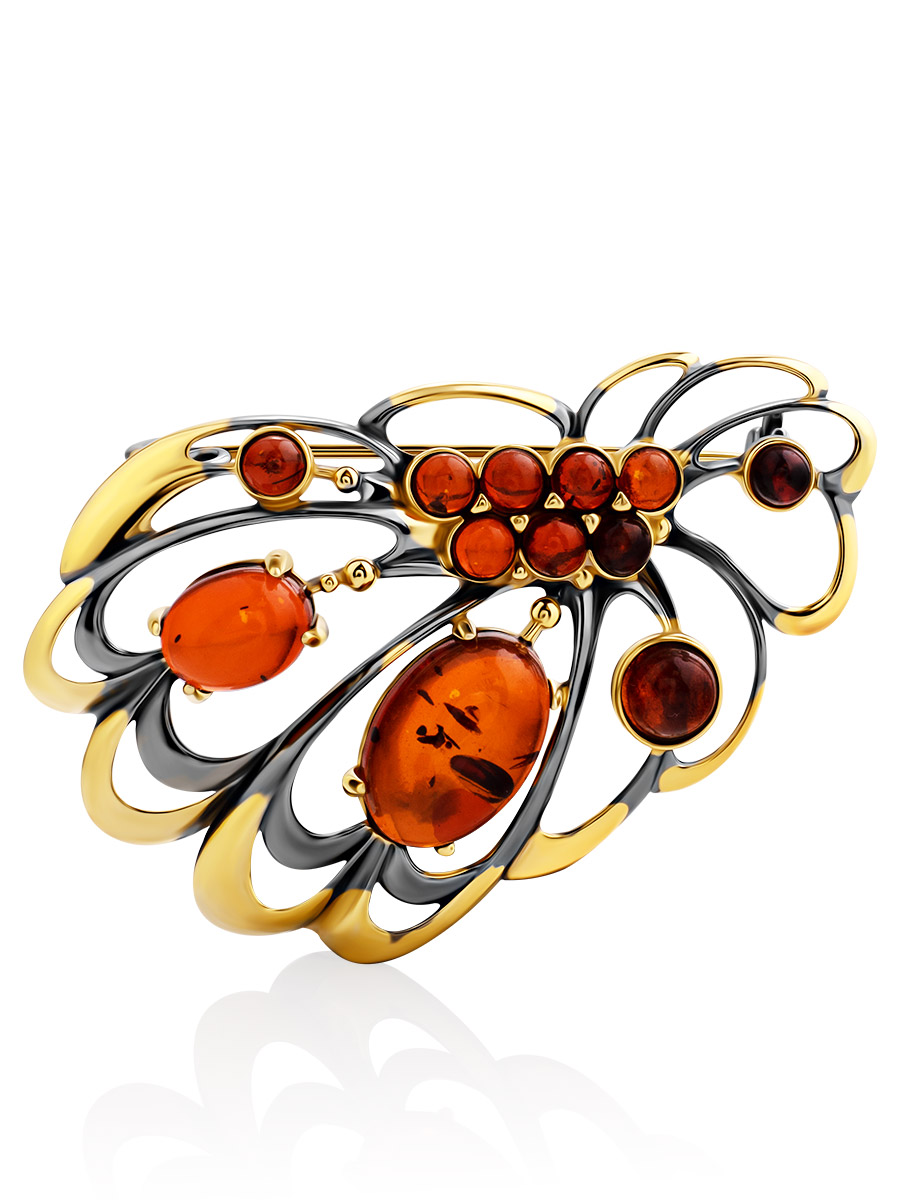 Нарядная брошь из натурального коньячного янтаря «Крылышко»