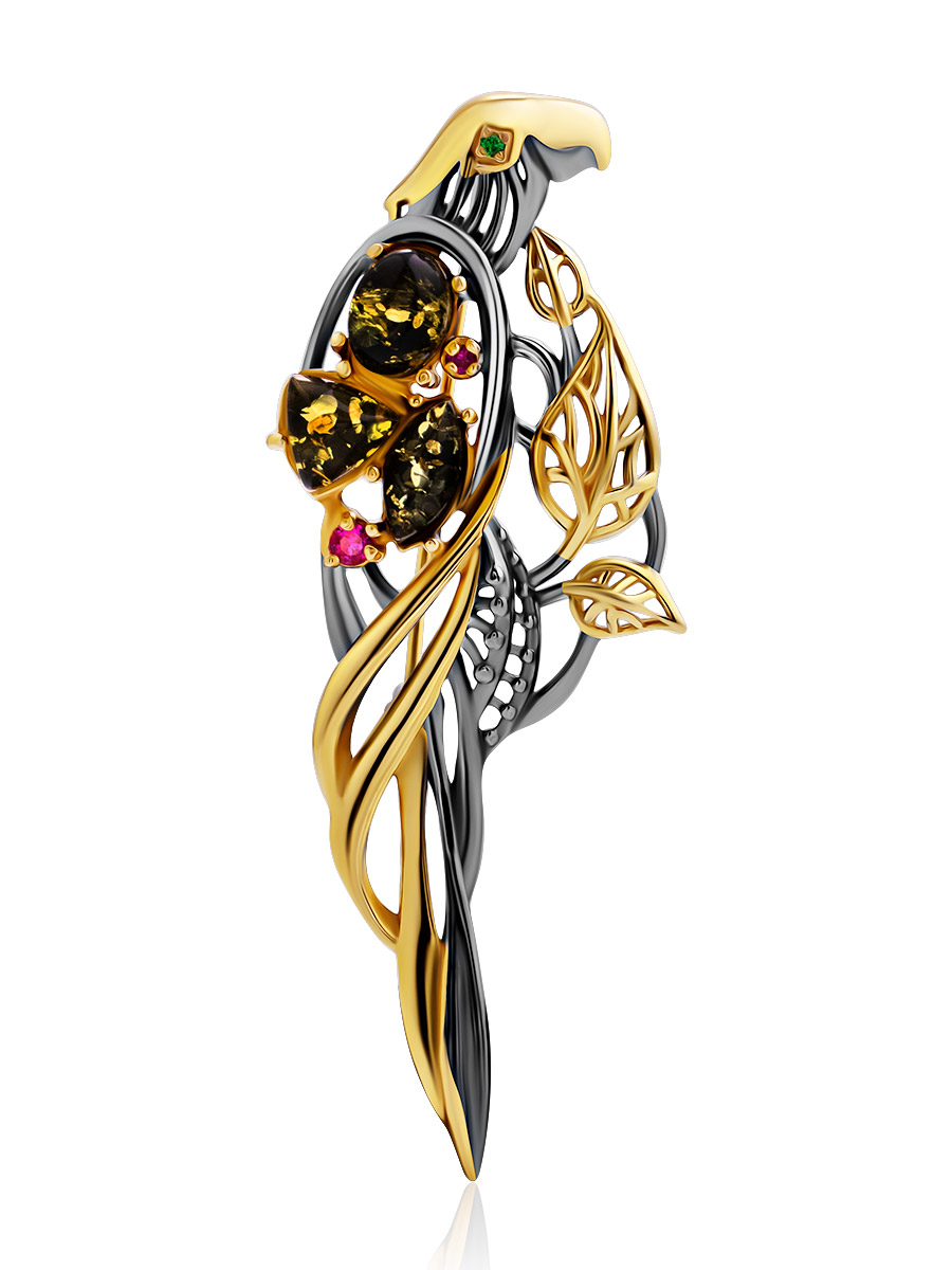 Яркая эффектная брошь с янтарём зелёного цвета «Попугай»