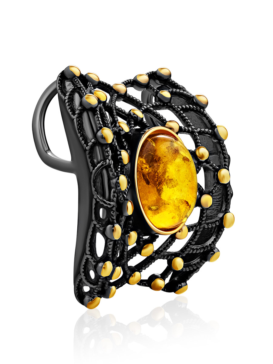 Оригинальный чернёный кулон с натуральным янтарём «Паутинка»