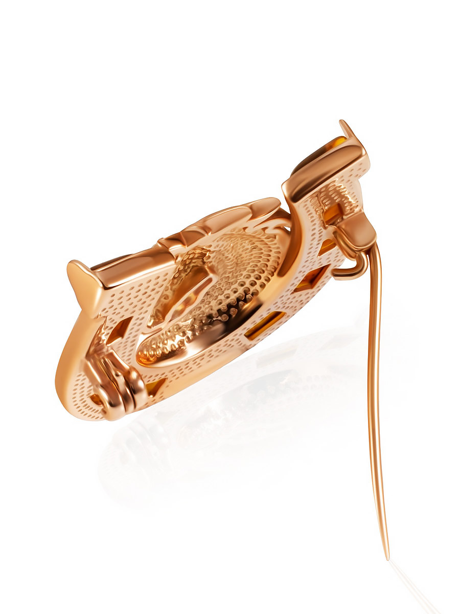 Яркая позолоченная брошь с натуральным янтарём «Подкова»