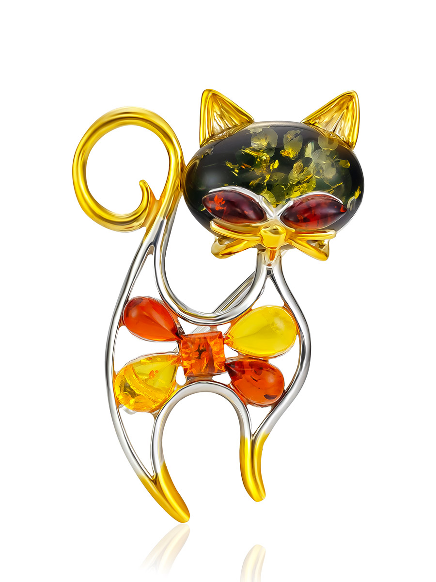 Изысканная брошь-кулон с янтарём разных оттенков «Кошка»