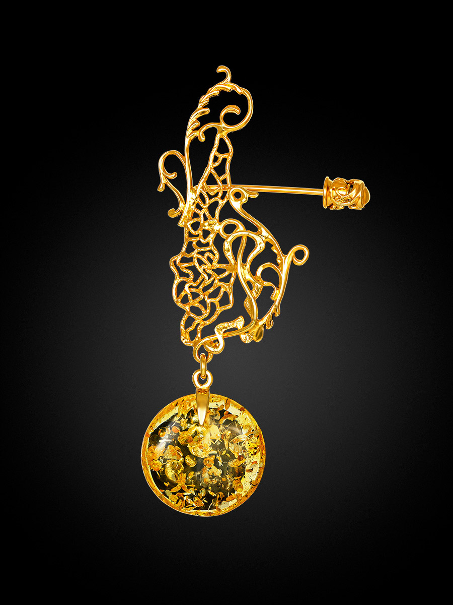 Изысканная брошь с натуральным искрящимся янтарём лимонного цвета «Версаль»