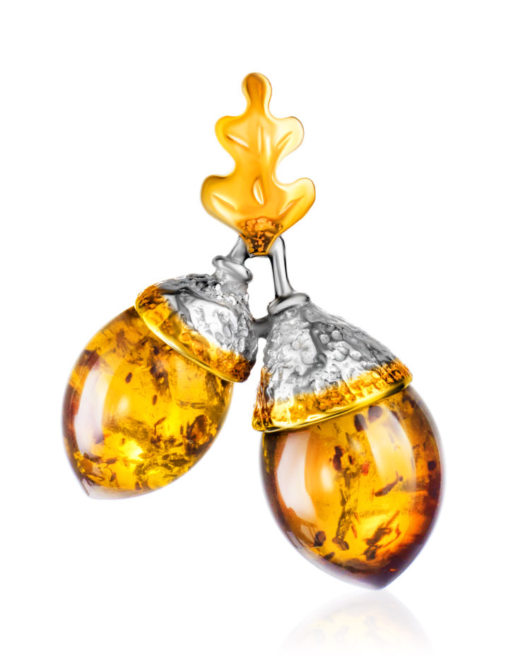 Эффектный кулон «Жёлудь» с натуральным коньячным янтарём