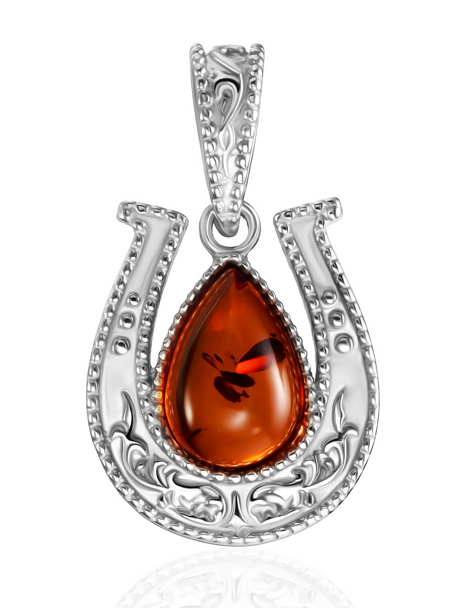 Небольшой кулон с натуральным вишнёвым янтарём «Подкова»