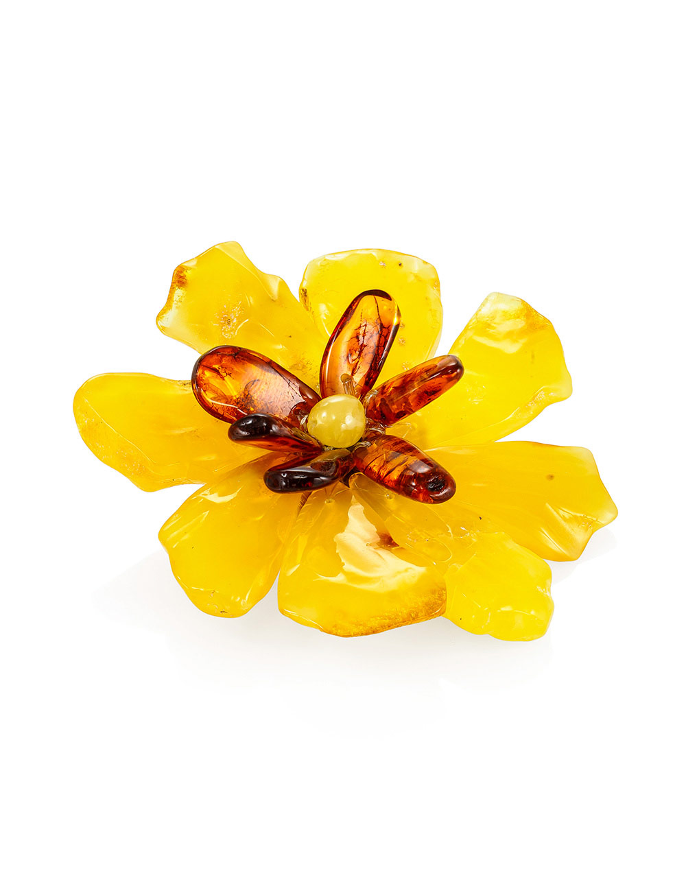 Необычная брошь-цветок из цельного янтаря «Помпеи»